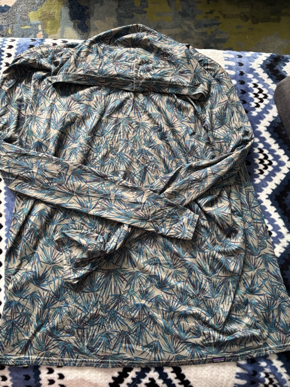 Patagonia Light Gray Long Sleeve Top with Blue Teal Print